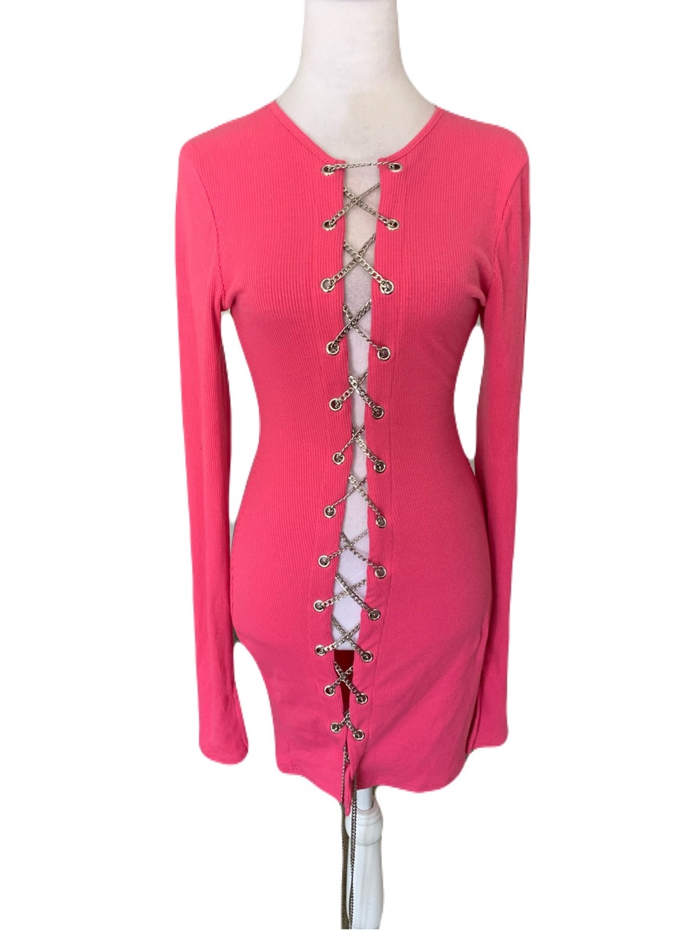 NWT Shane Justin Large Pink Ribbed Long-Sleeve Chain Lace-Up Mini Dress Clubbing